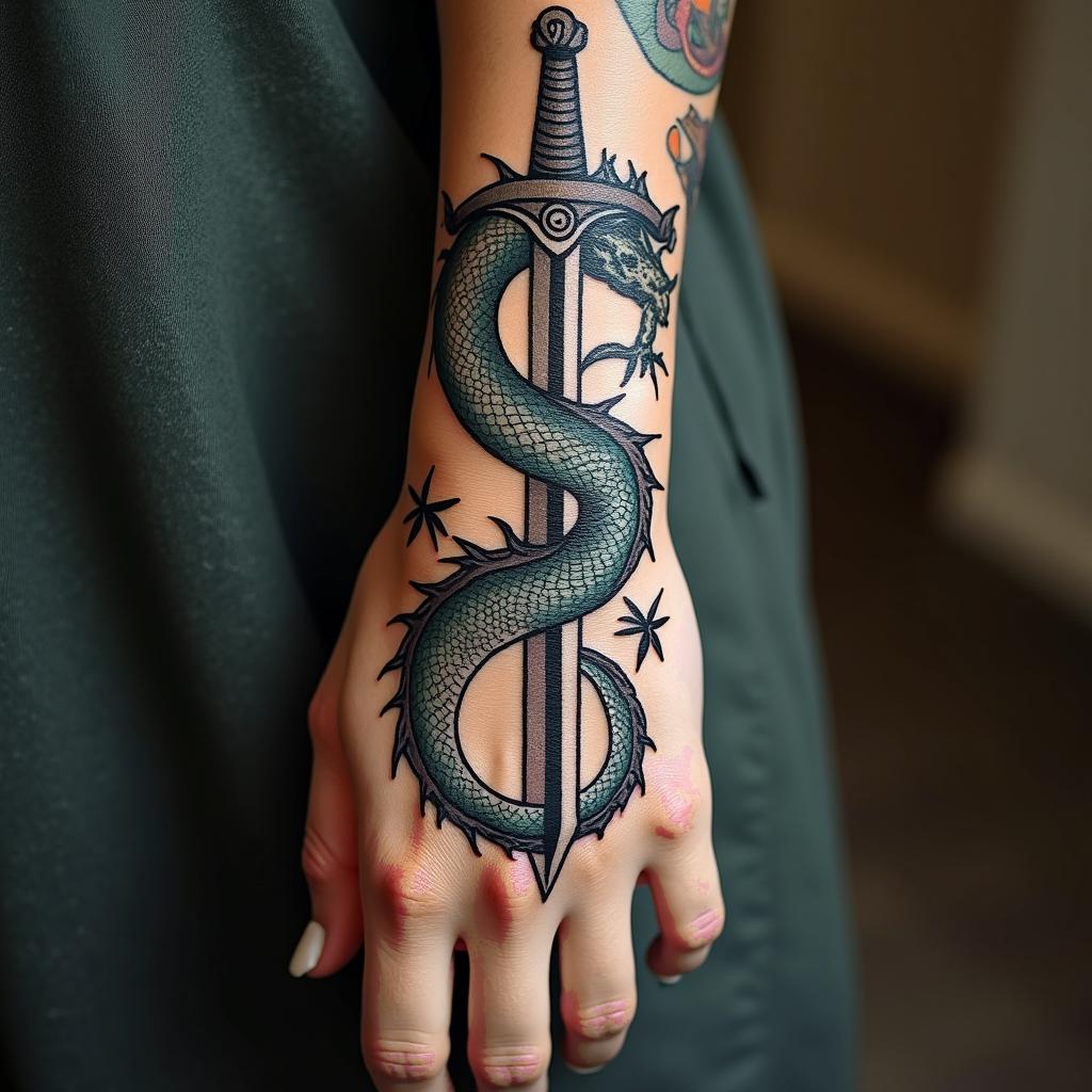 Majestic dragon wrapped around a swordin bohemian style tattoo, 8k - Variation 3