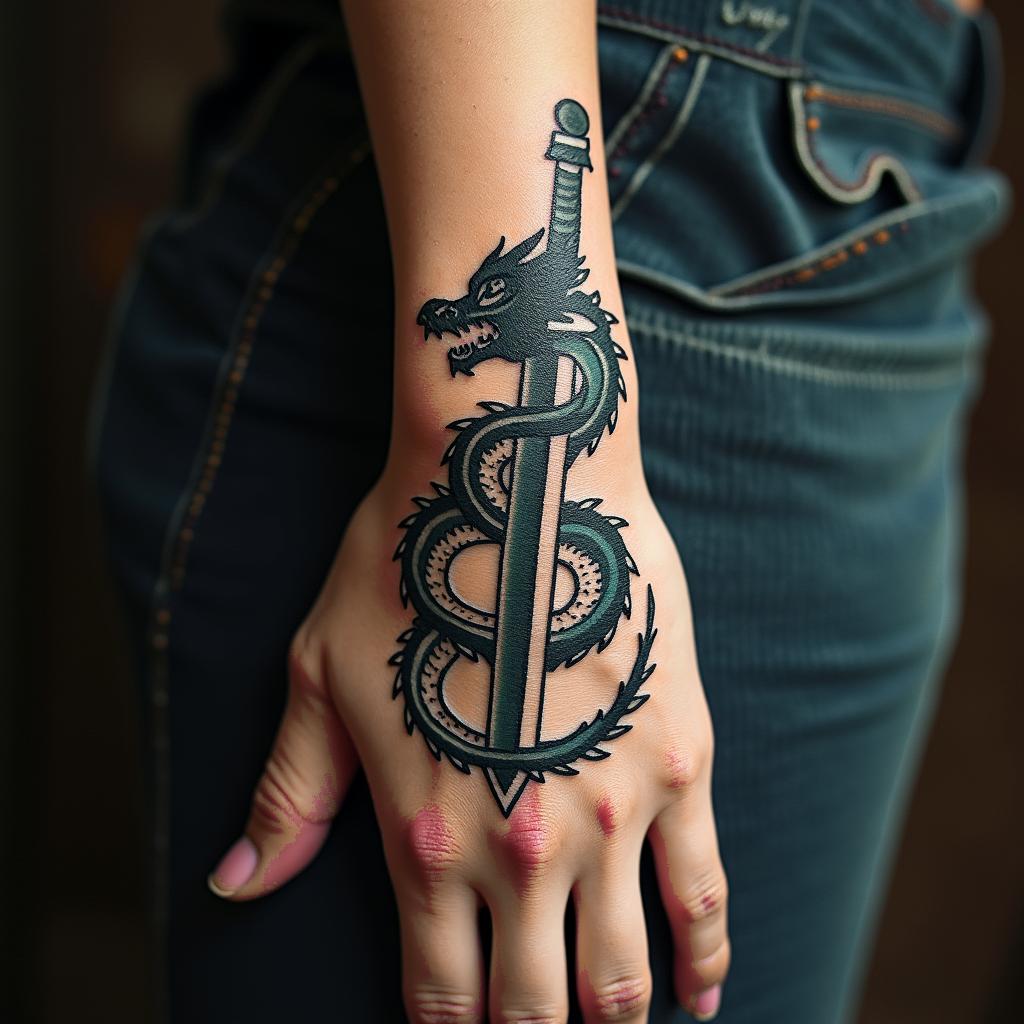 Majestic dragon wrapped around a swordin bohemian style tattoo, 8k - Variation 2