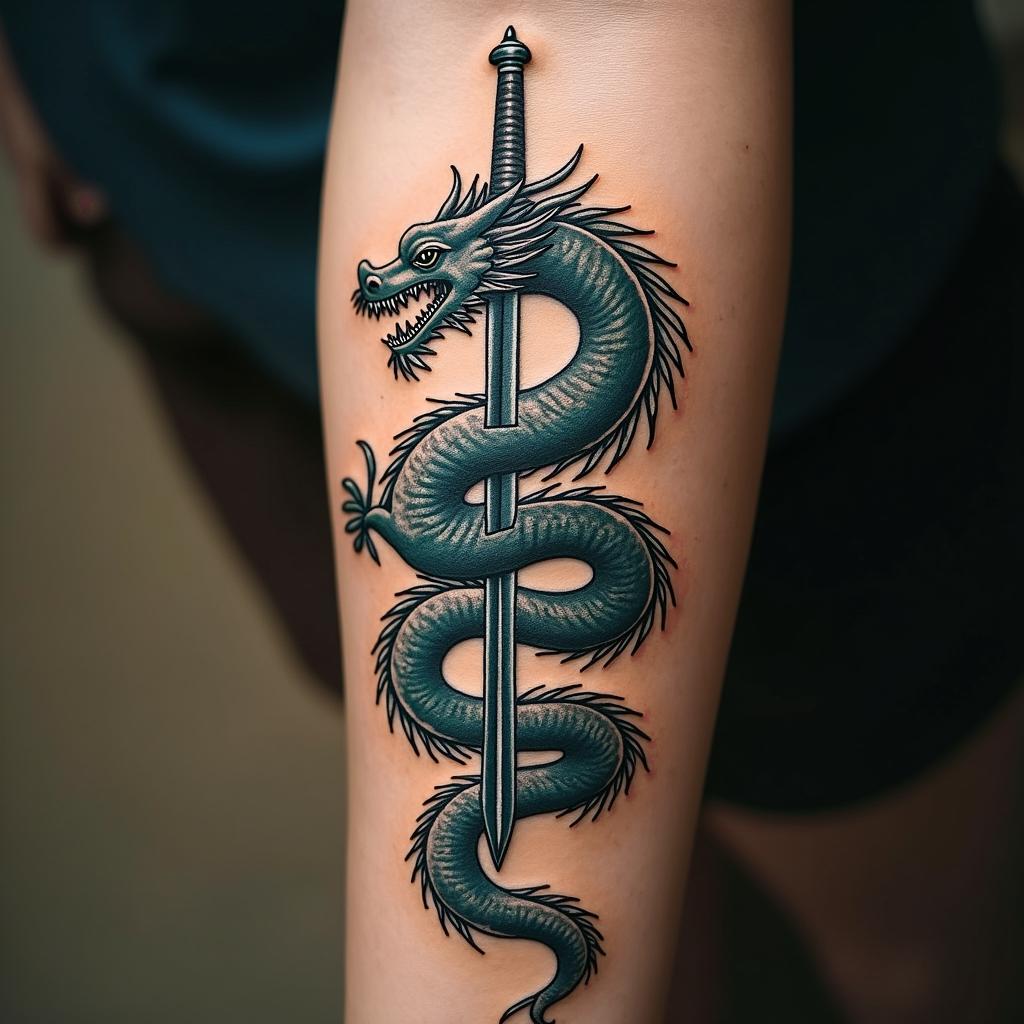 Majestic dragon wrapped around a swordin bohemian style tattoo, 8k