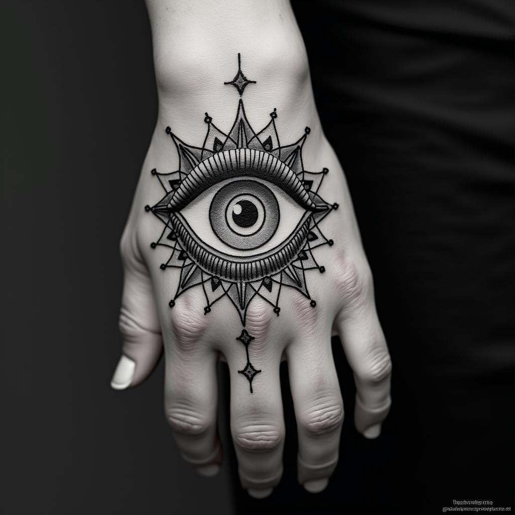 Aquariusin prophecy tattoo style, featuring mystical symbols, celestial imagery like stars, moons, suns, geometric patterns, foretelling elements, an eye of wisdom - Variation 2