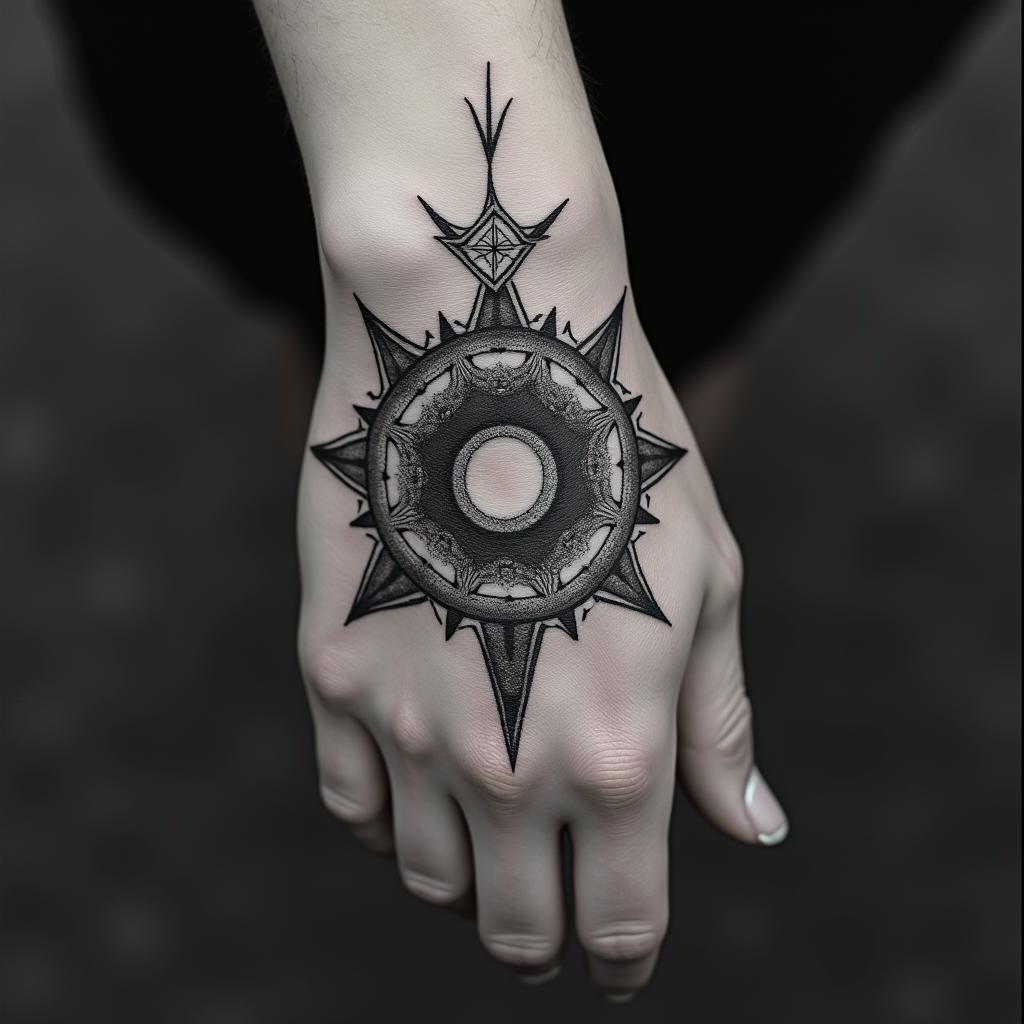 Aquariusin prophecy tattoo style, featuring mystical symbols, celestial imagery like stars, moons, suns, geometric patterns, foretelling elements, an eye of wisdom - Variation 3