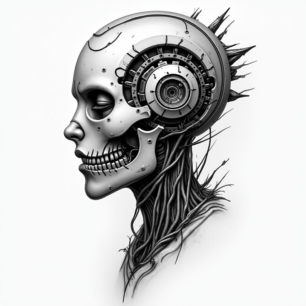 Trenbotattoo in biomechanic style, the tattoo covered by robotic elements of futuristic cyberpunk design, robotic features detail, showcasing intricate mechanical components