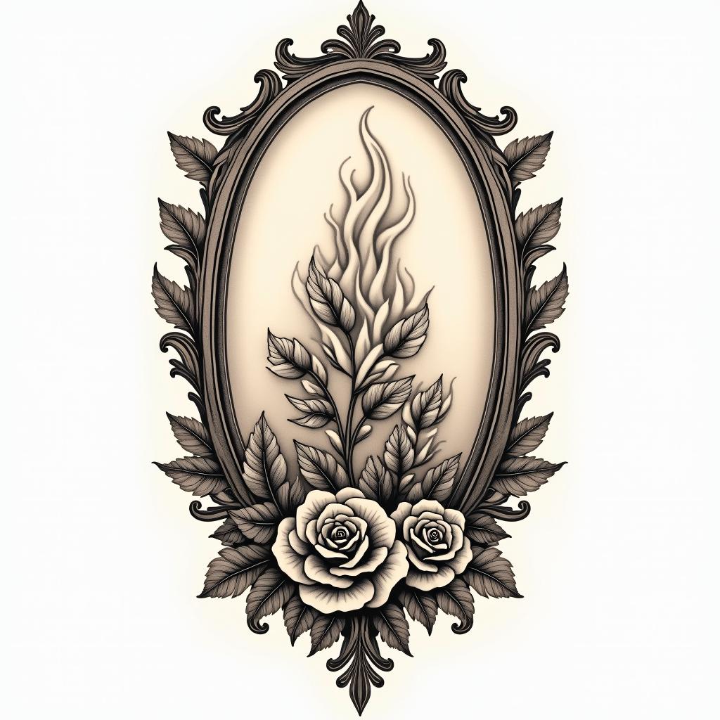 Firein victorian style tattoo, featuring vintage and elegant elements, ornate frames, roses, antique, sepia-toned color scheme - Variation 4