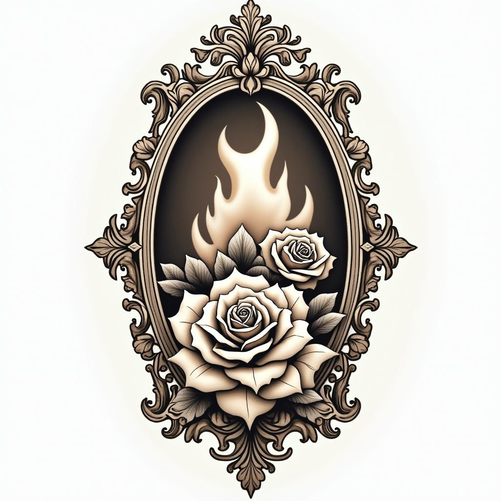 Firein victorian style tattoo, featuring vintage and elegant elements, ornate frames, roses, antique, sepia-toned color scheme - Variation 3