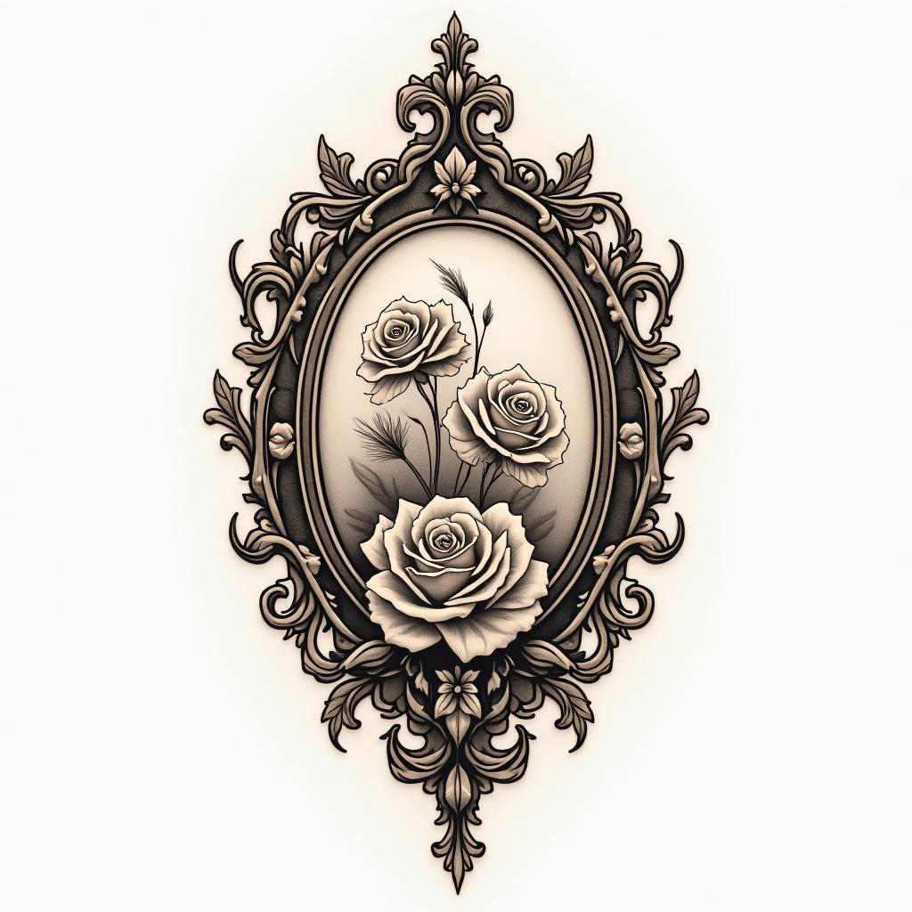 Firein victorian style tattoo, featuring vintage and elegant elements, ornate frames, roses, antique, sepia-toned color scheme - Variation 2