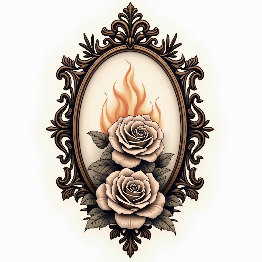 Firein victorian style tattoo, featuring vintage and elegant elements, ornate frames, roses, antique, sepia-toned color scheme