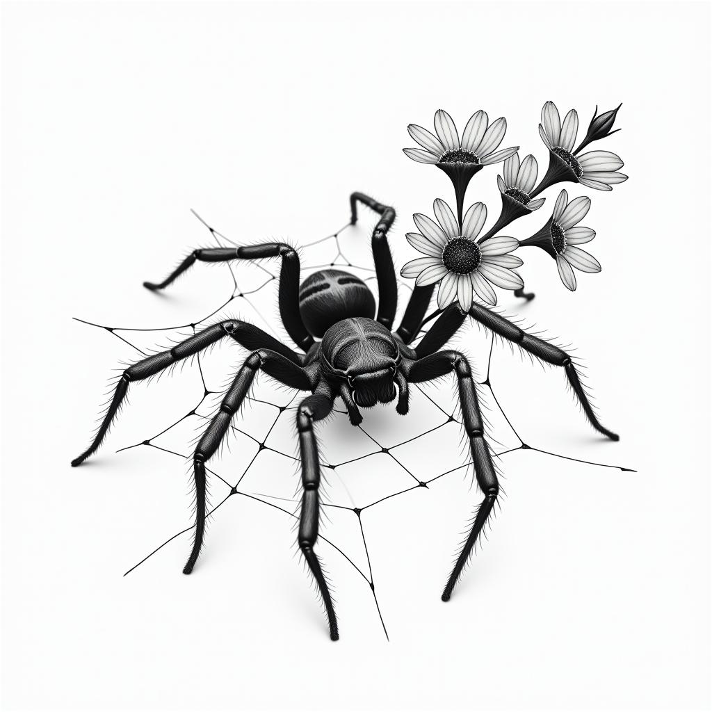 Small spider on web with flowers with stemin portrait tattoo style, featuring a highly realistic and detailed depiction  - Variation 27