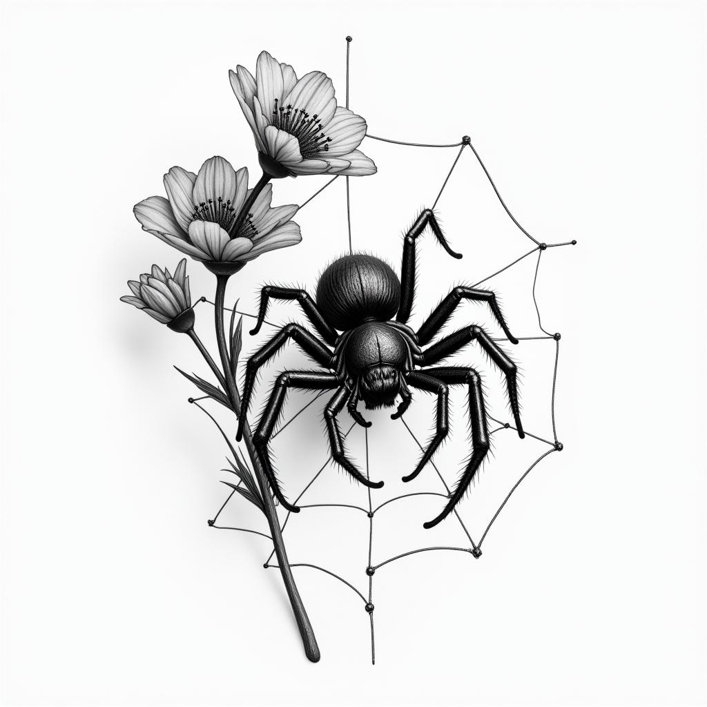 Small spider on web with flowers with stemin portrait tattoo style, featuring a highly realistic and detailed depiction  - Variation 25