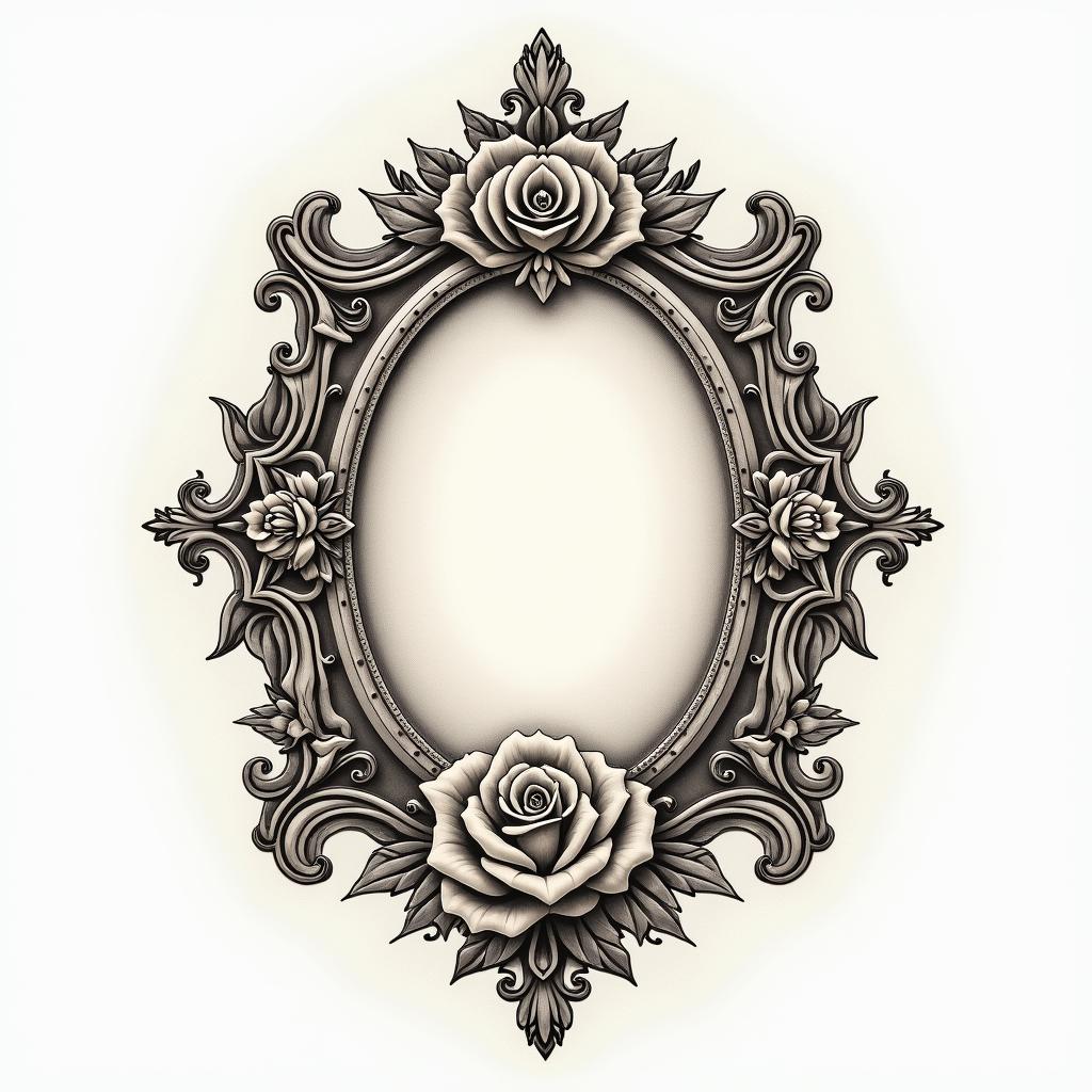 Erik, 1998, Russiain victorian style tattoo, featuring vintage and elegant elements, ornate frames, roses, antique, sepia-toned color scheme - Variation 2