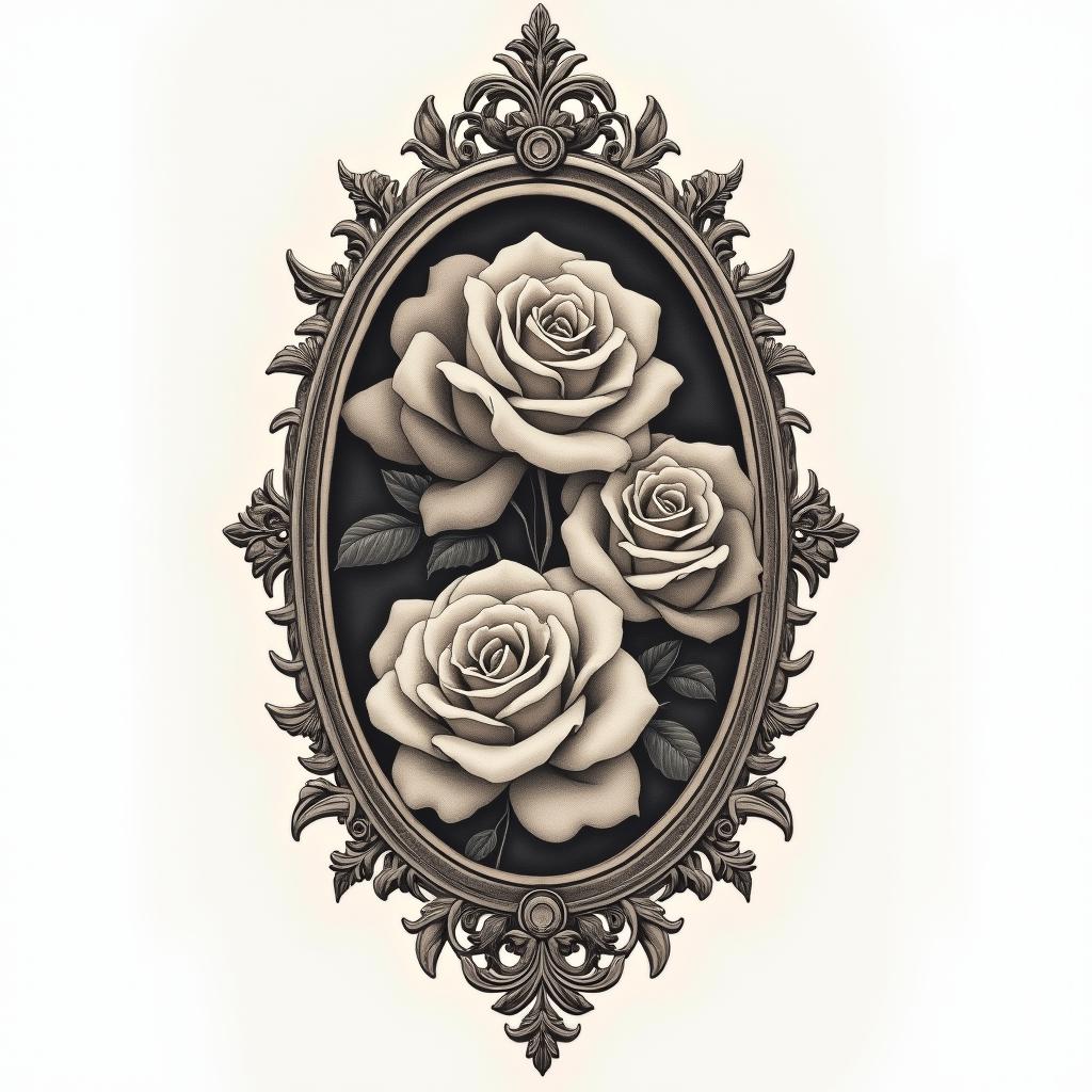 Erik, 1998, Russiain victorian style tattoo, featuring vintage and elegant elements, ornate frames, roses, antique, sepia-toned color scheme