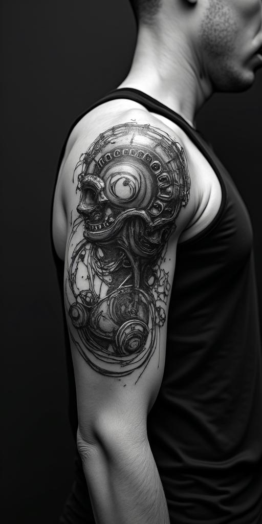 27 years of style and boldnesstattoo in biomechanic style, the tattoo covered by robotic elements of futuristic cyberpunk design, robotic features detail, showcasing intricate mechanical components