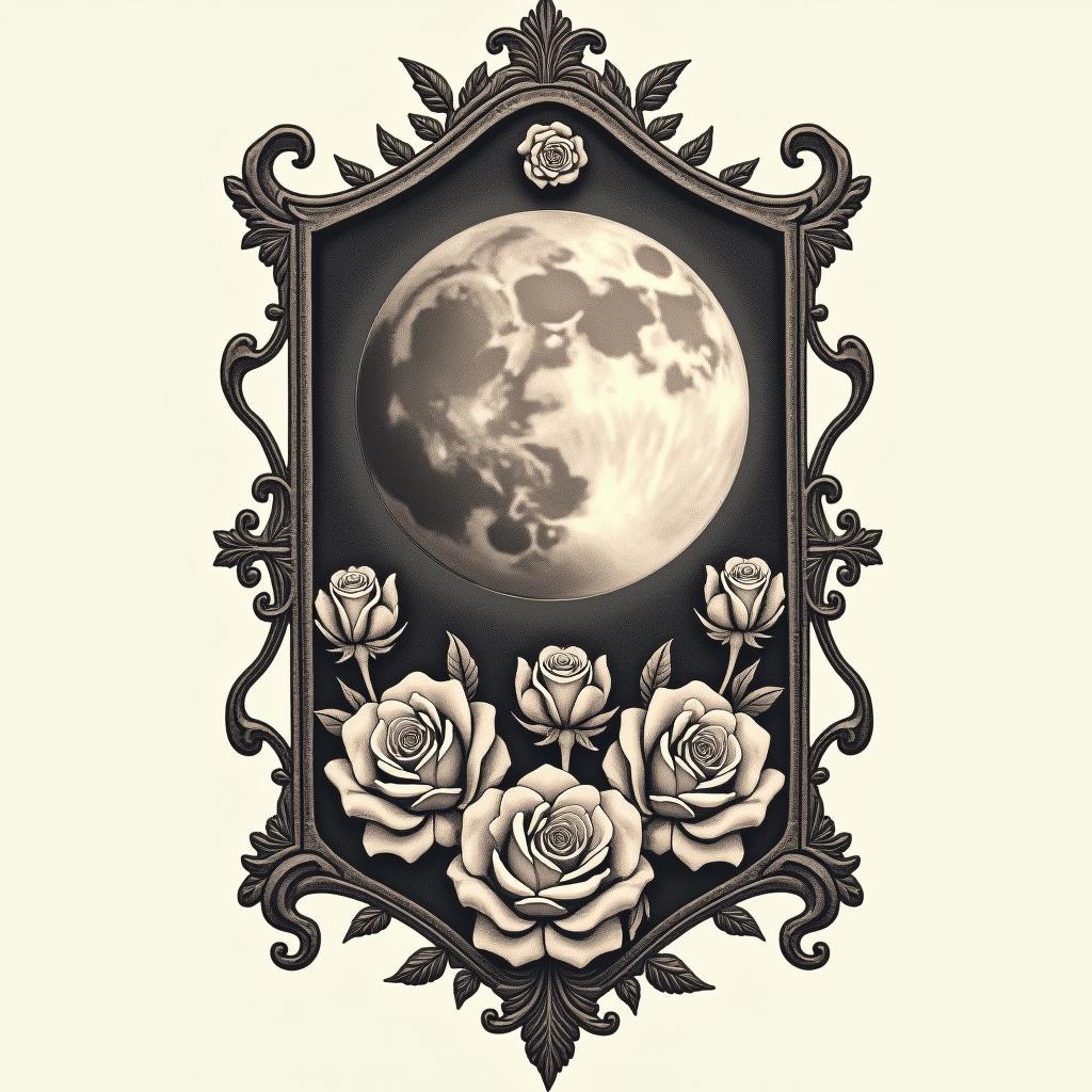 The sun, the moon, and the truth, Ismarly, Librain victorian style tattoo, featuring vintage and elegant elements, ornate frames, roses, antique, sepia-toned color scheme