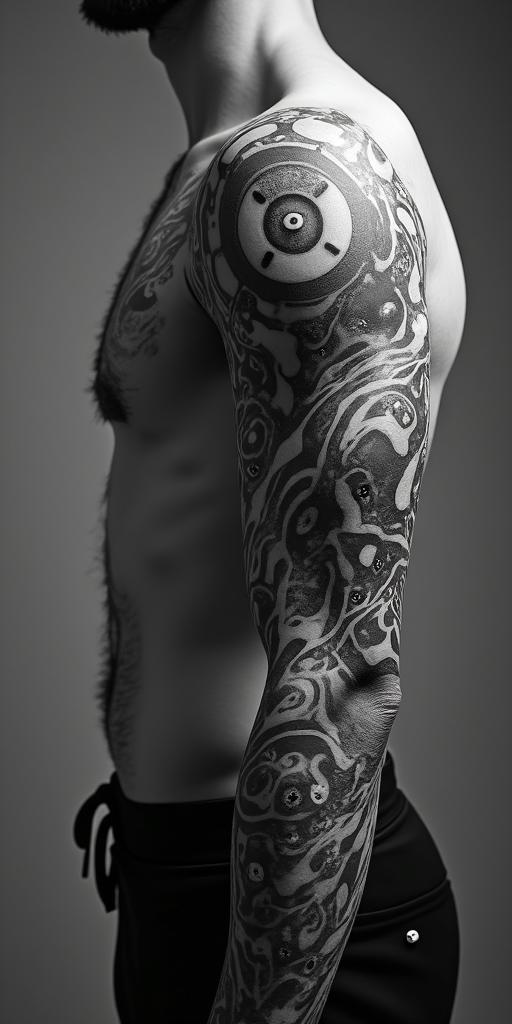 27 years of style and boldnesstattoo in biomechanic style, the tattoo covered by robotic elements of futuristic cyberpunk design, robotic features detail, showcasing intricate mechanical components - Variation 2