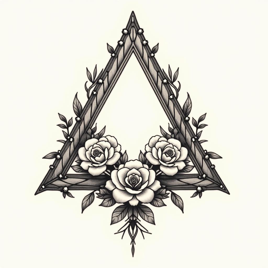 Simple triangle with a line through itin victorian style tattoo, featuring vintage and elegant elements, ornate frames, roses, antique, sepia-toned color scheme - Variation 6