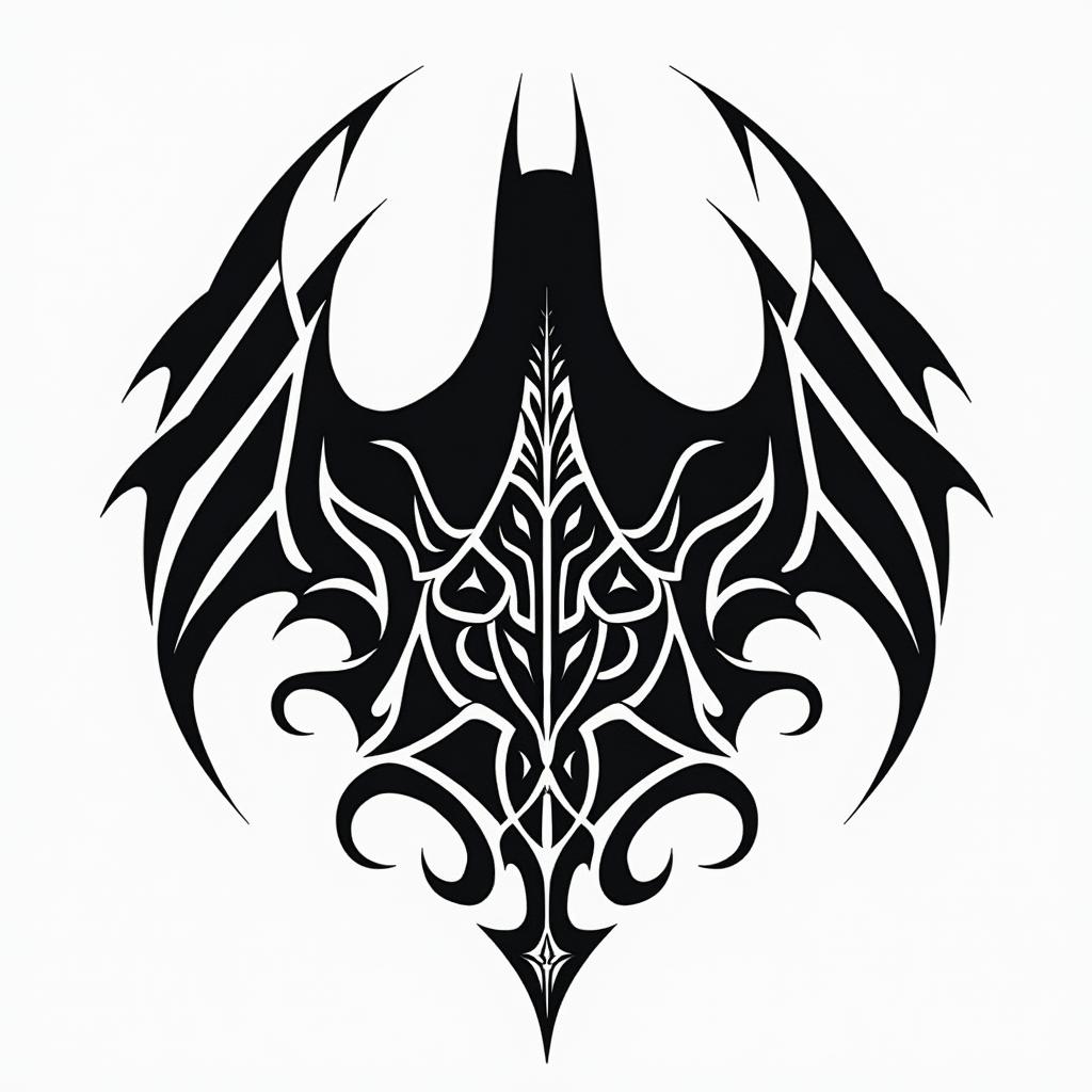 Batman silhouette against a Gotham skylinein tribal tattoo style, featuring bold and black geometric shapes, curved lines, intertwine and flow seamlessly, creating a powerful and symbolic design, polynesian and maori styles - Variation 2