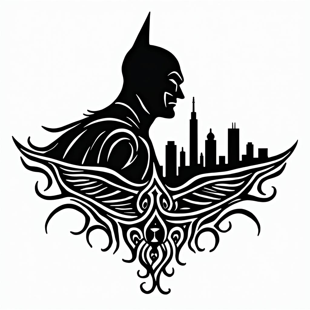 Batman silhouette against a Gotham skylinein tribal tattoo style, featuring bold and black geometric shapes, curved lines, intertwine and flow seamlessly, creating a powerful and symbolic design, polynesian and maori styles
