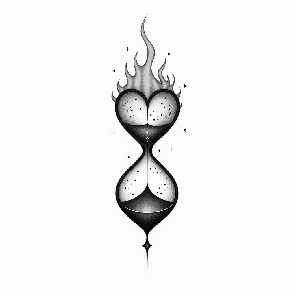 Fire Hourglass Heartin minimalist style tattoo, featuring simple shapes and fine lines, with minimal shading and details, tiny triangles, creating a sense of balance and harmony - Variation 2