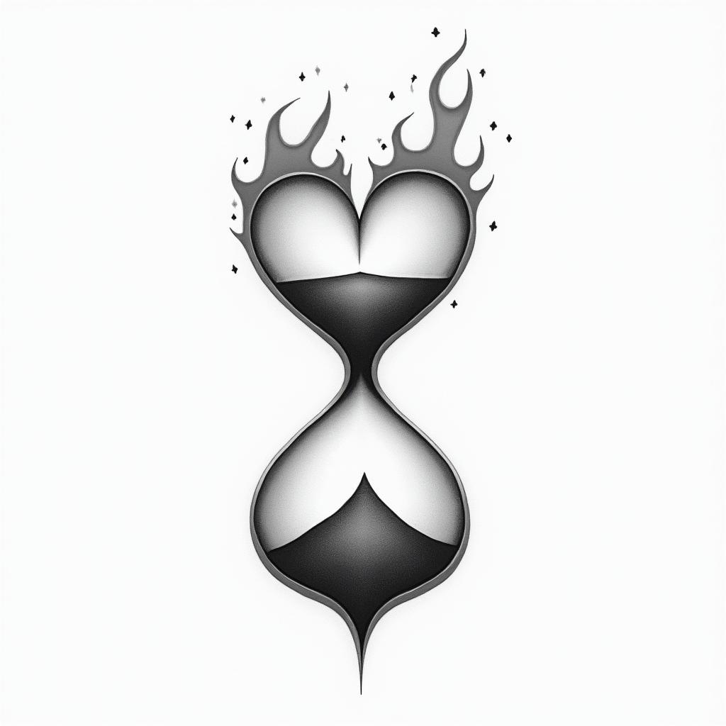 Fire Hourglass Heartin minimalist style tattoo, featuring simple shapes and fine lines, with minimal shading and details, tiny triangles, creating a sense of balance and harmony - Variation 3
