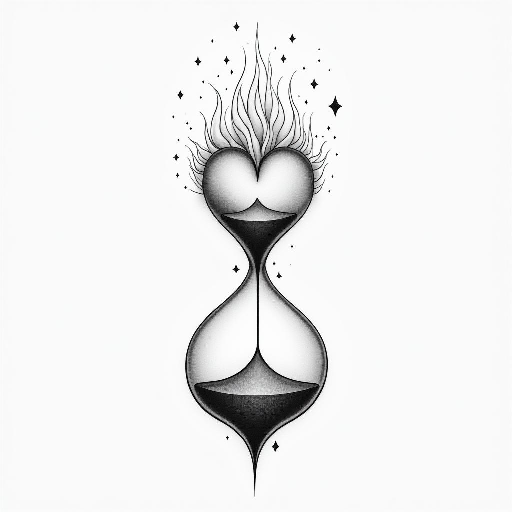 Fire Hourglass Heartin minimalist style tattoo, featuring simple shapes and fine lines, with minimal shading and details, tiny triangles, creating a sense of balance and harmony