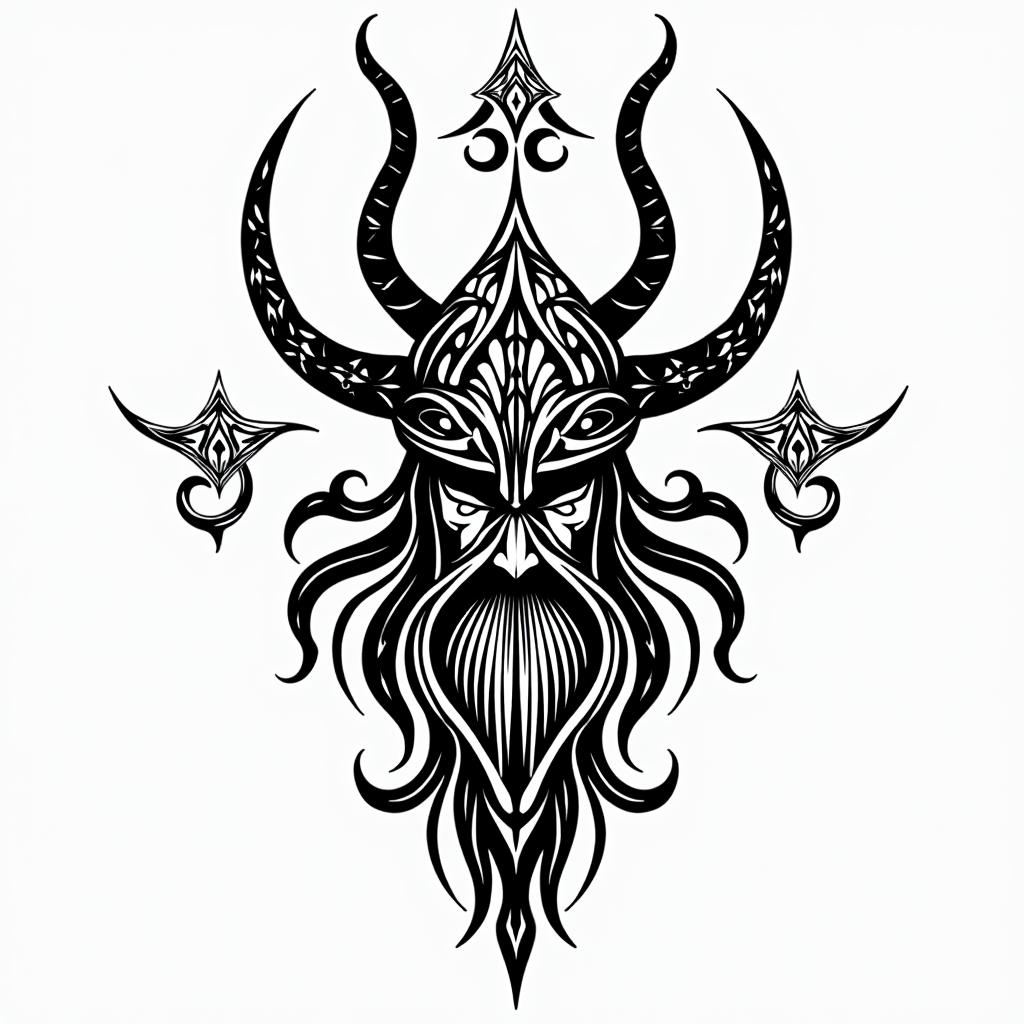 Powerful Viking with elaborate helmet designin tribal tattoo style, featuring bold and black geometric shapes, curved lines, intertwine and flow seamlessly, creating a powerful and symbolic design, polynesian and maori styles - Variation 3