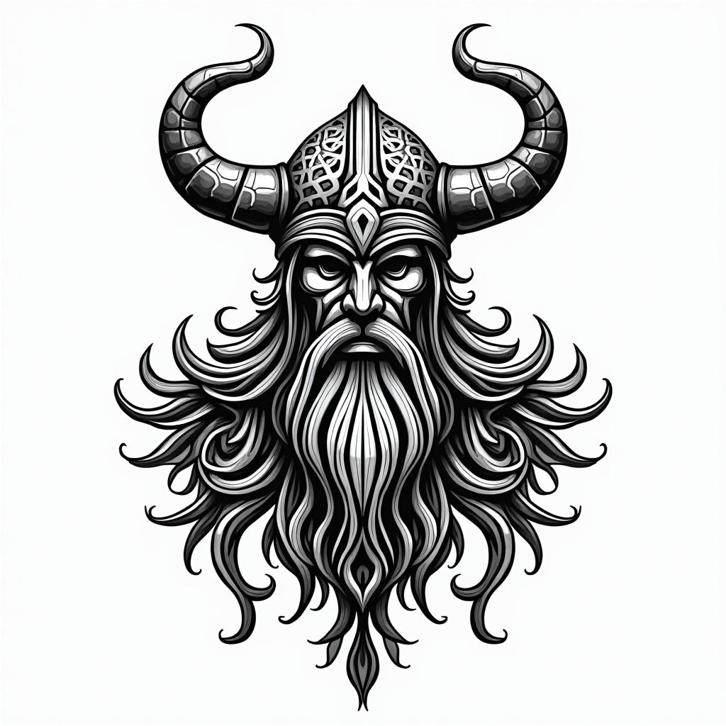 Powerful Viking with elaborate helmet designin tribal tattoo style, featuring bold and black geometric shapes, curved lines, intertwine and flow seamlessly, creating a powerful and symbolic design, polynesian and maori styles