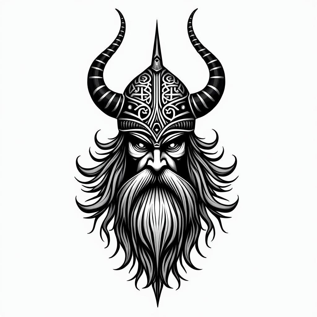 Powerful Viking with elaborate helmet designin tribal tattoo style, featuring bold and black geometric shapes, curved lines, intertwine and flow seamlessly, creating a powerful and symbolic design, polynesian and maori styles - Variation 4