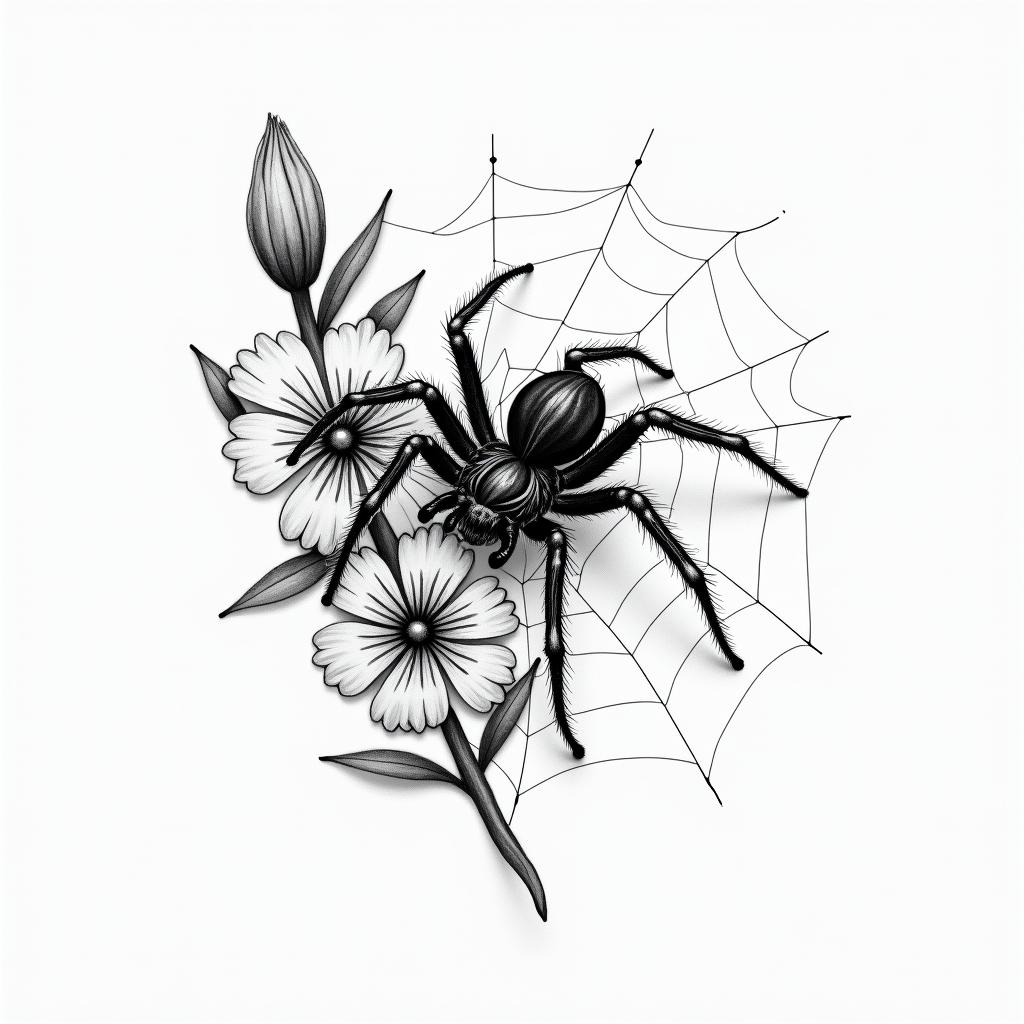 Small spider on web with flowers with stemin portrait tattoo style, featuring a highly realistic and detailed depiction  - Variation 23