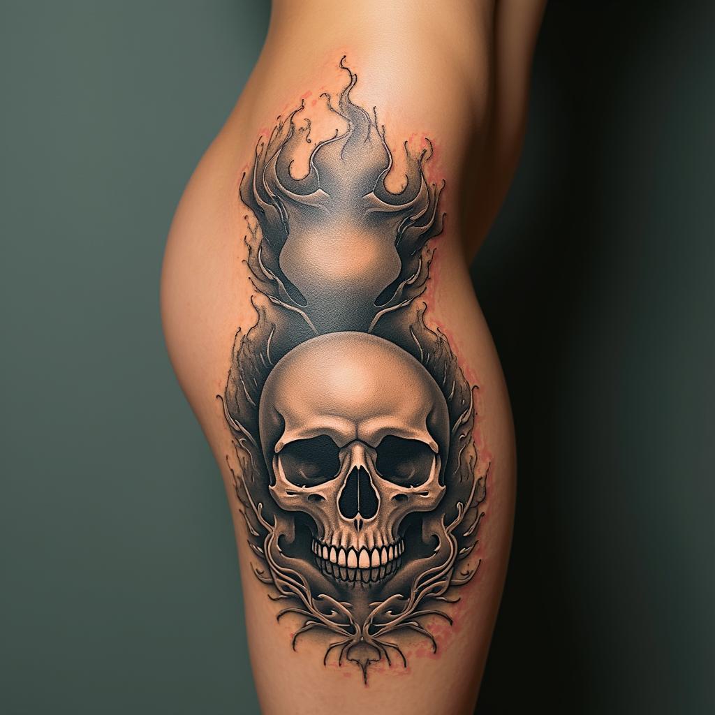 Hourglass with sand and skullsin realism tattoo style, featuring a highly detailed, lifelike, capturing every detail, photorealistic, ultra realistic, intricate shading, smooth and sharp, - Variation 7