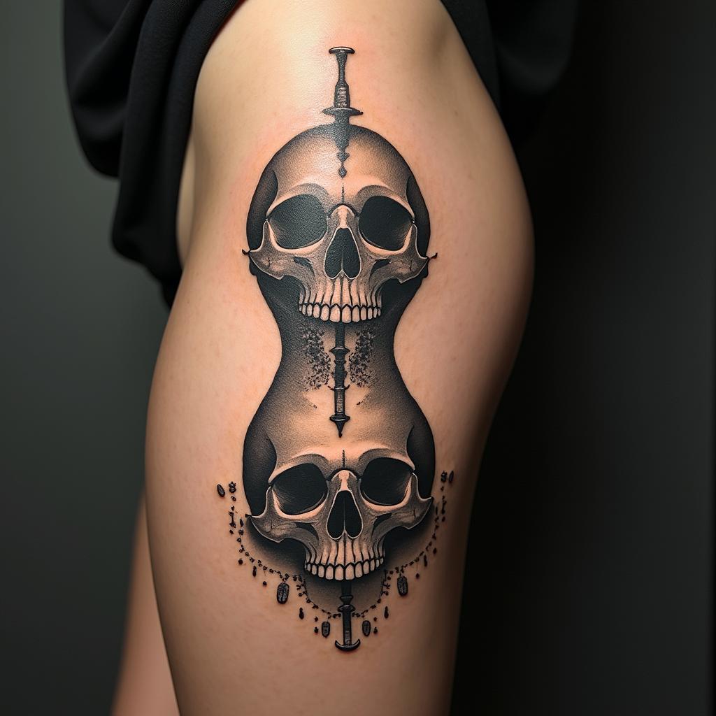 Hourglass with sand and skullsin realism tattoo style, featuring a highly detailed, lifelike, capturing every detail, photorealistic, ultra realistic, intricate shading, smooth and sharp, - Variation 5