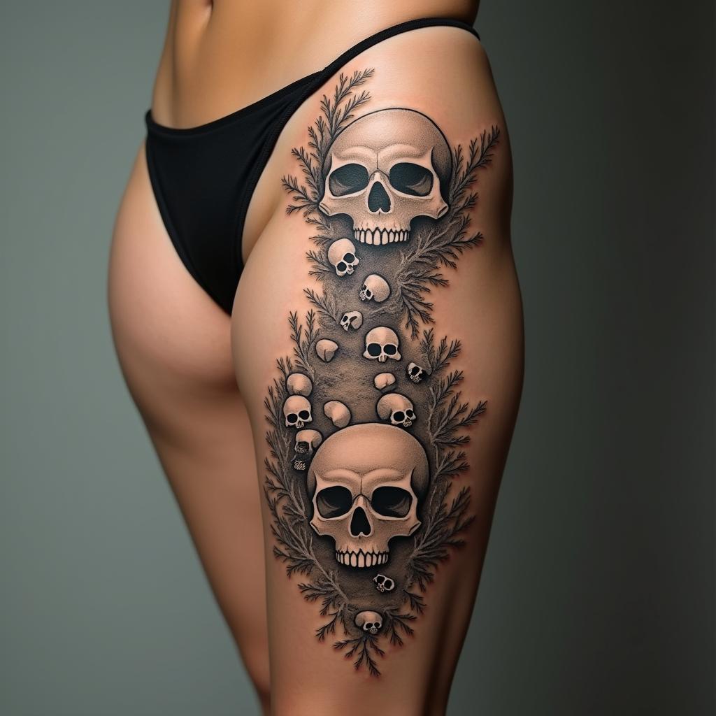 Hourglass with sand and skullsin realism tattoo style, featuring a highly detailed, lifelike, capturing every detail, photorealistic, ultra realistic, intricate shading, smooth and sharp, - Variation 6