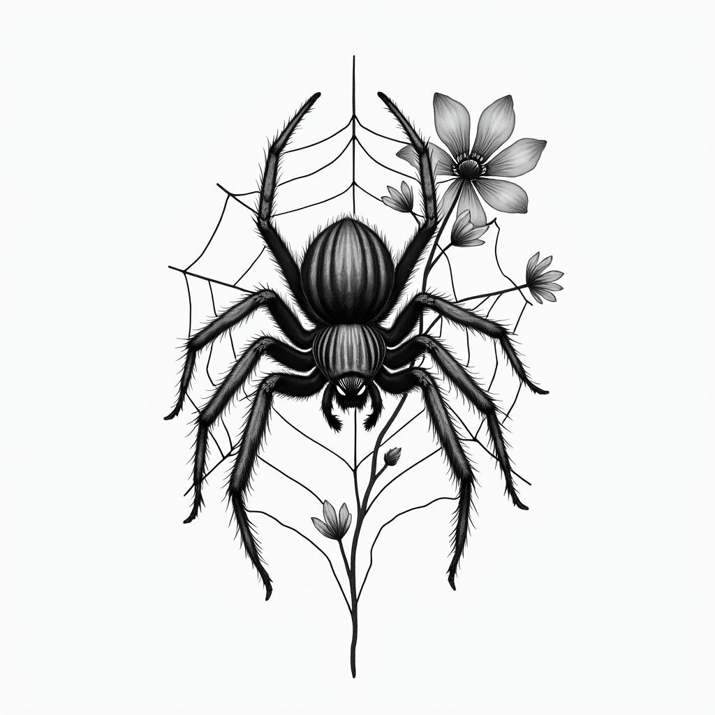 Small spider on web with flowers with stemin portrait tattoo style, featuring a highly realistic and detailed depiction  - Variation 17