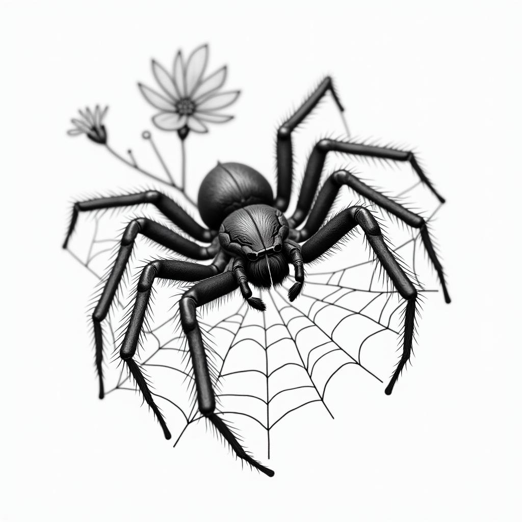 Small spider on web with flowers with stemin portrait tattoo style, featuring a highly realistic and detailed depiction  - Variation 18