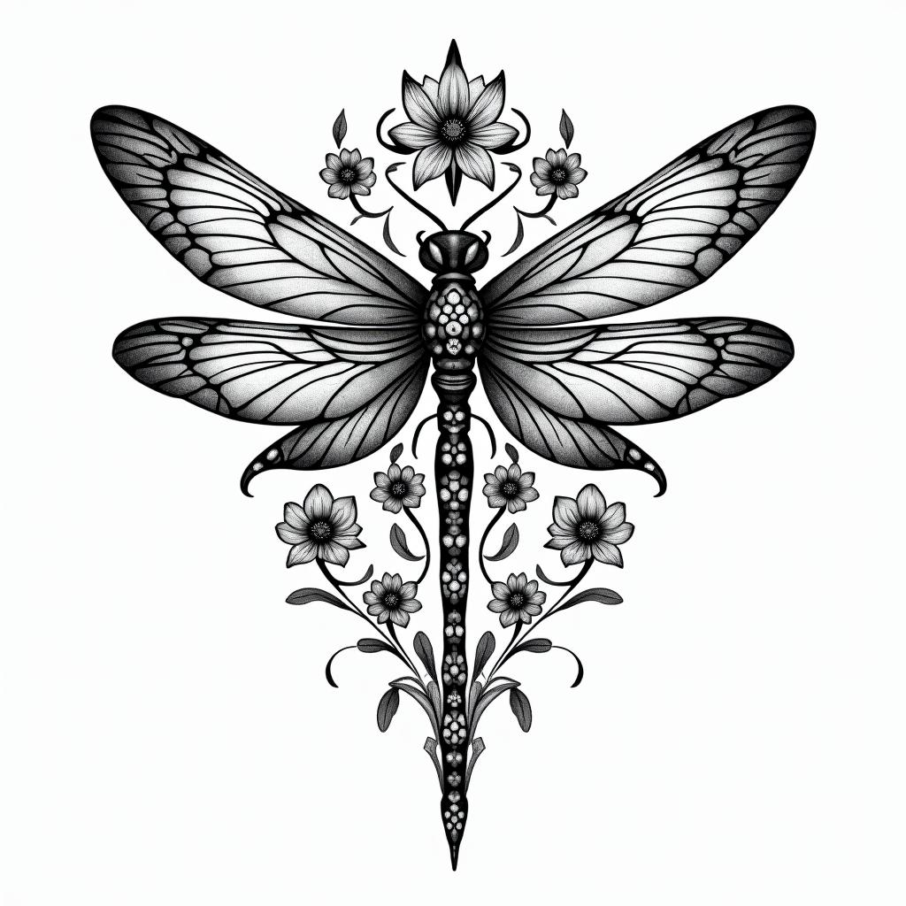 Buddah flowers dragonflyin ornamental tattoo style, featuring intricate symmetrical patterns and floral designs, showcasing highly detailed line work and geometric shapes, creating a sense of elegance and balance - Variation 4