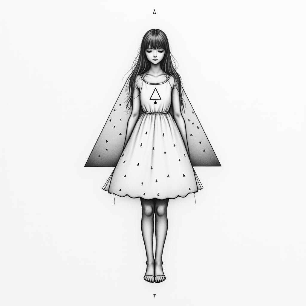 Daughterin minimalist style tattoo, featuring simple shapes and fine lines, with minimal shading and details, tiny triangles, creating a sense of balance and harmony - Variation 6