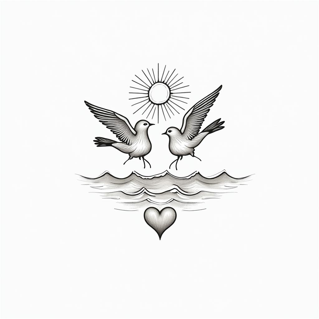 Sun sea birdsin Modest style tattoo, featuring soft, delicate line work with simple and meaningful symbols, gentle waves, a heart, evoking a sense of serenity and grace,
