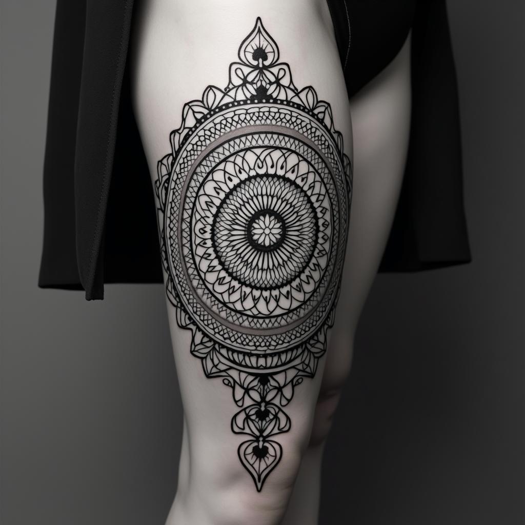 Tribal bandin dotwork style tattoo, complex mandala patterns, interlocking geometric shapes with sharp symmetry, clean lines, sharp angles