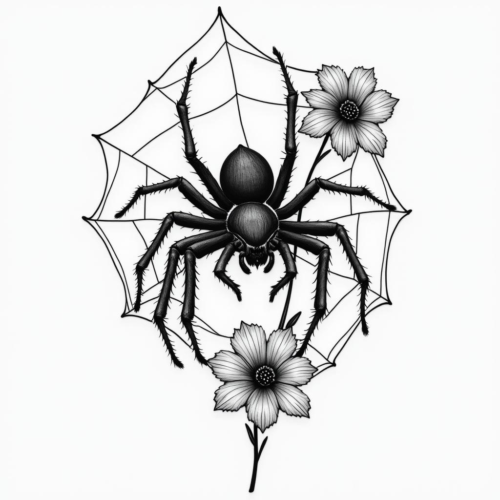 Small spider on web with flowers with stemin portrait tattoo style, featuring a highly realistic and detailed depiction  - Variation 9