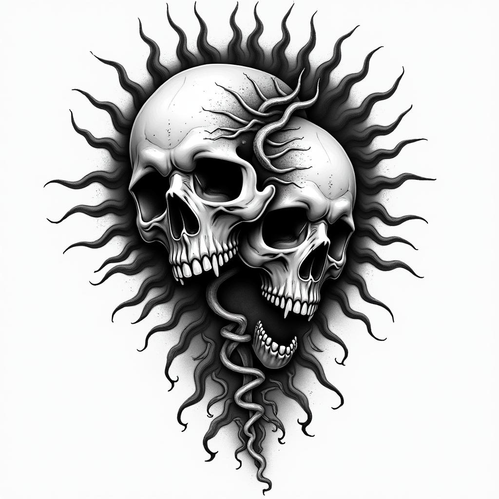 Sun Sea Birds in horror tattoo style, showcasing haunting and unsettling, dark and gritty textures with skulls, eerie faces, jgged designs, bold and intense shading