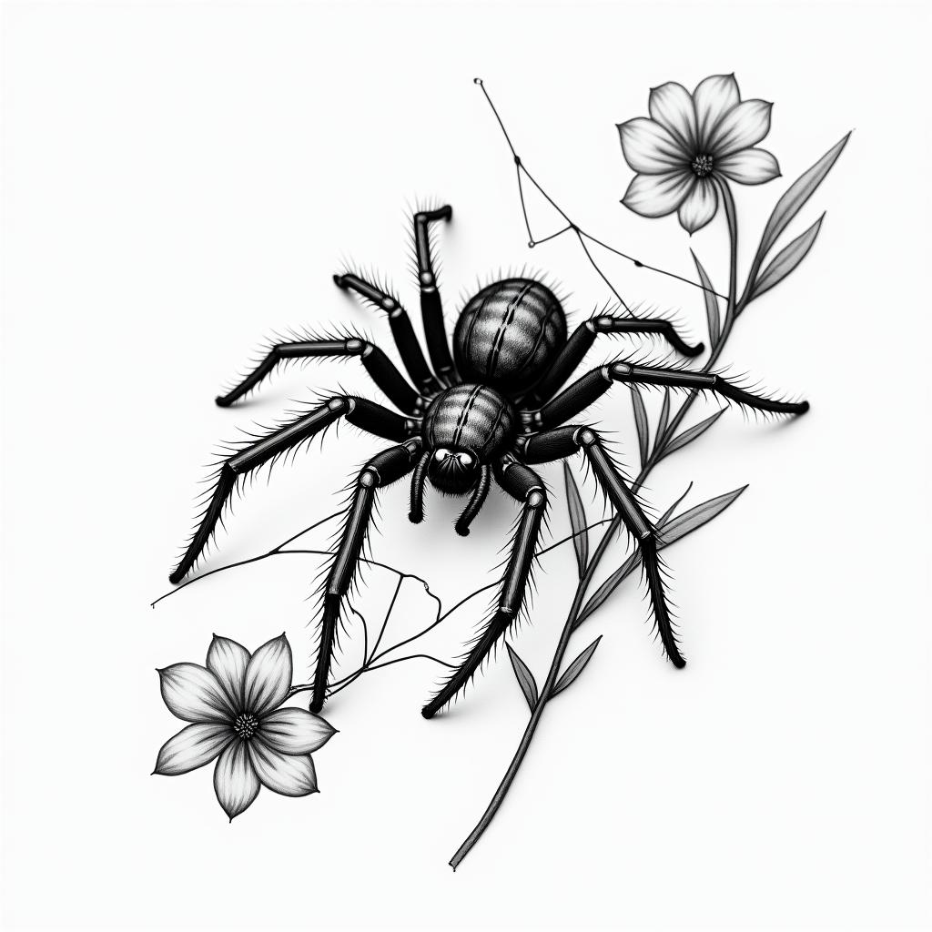 Small spider on web with flowers with stemin portrait tattoo style, featuring a highly realistic and detailed depiction  - Variation 8