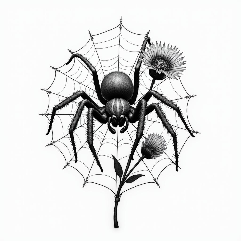 Small spider on web with flowers with stemin portrait tattoo style, featuring a highly realistic and detailed depiction  - Variation 7