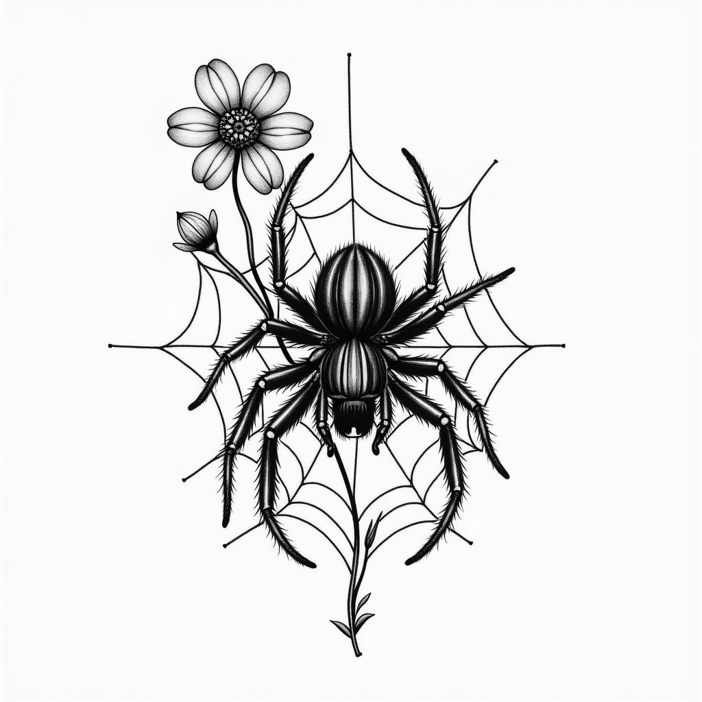 Small spider on web with flowers with stemin portrait tattoo style, featuring a highly realistic and detailed depiction  - Variation 5
