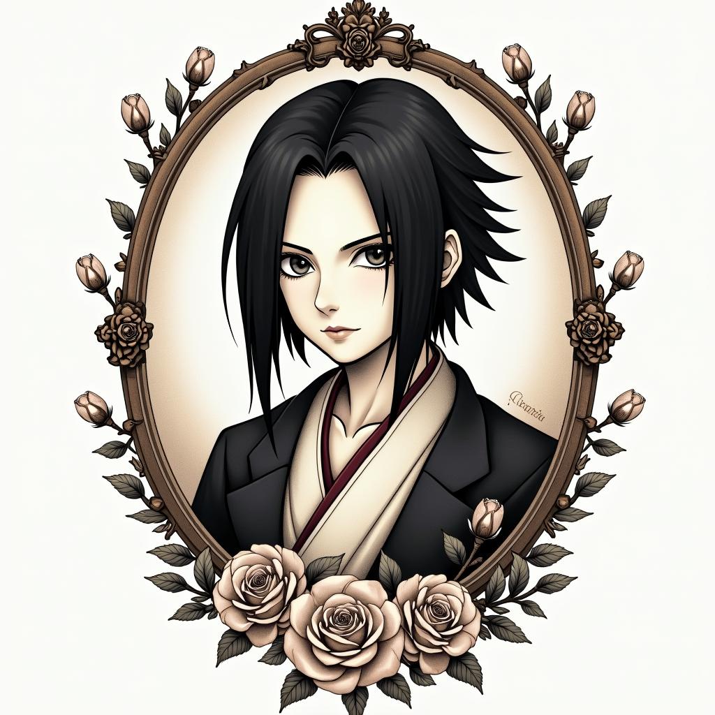 Itachi Uchihain victorian style tattoo, featuring vintage and elegant elements, ornate frames, roses, antique, sepia-toned color scheme