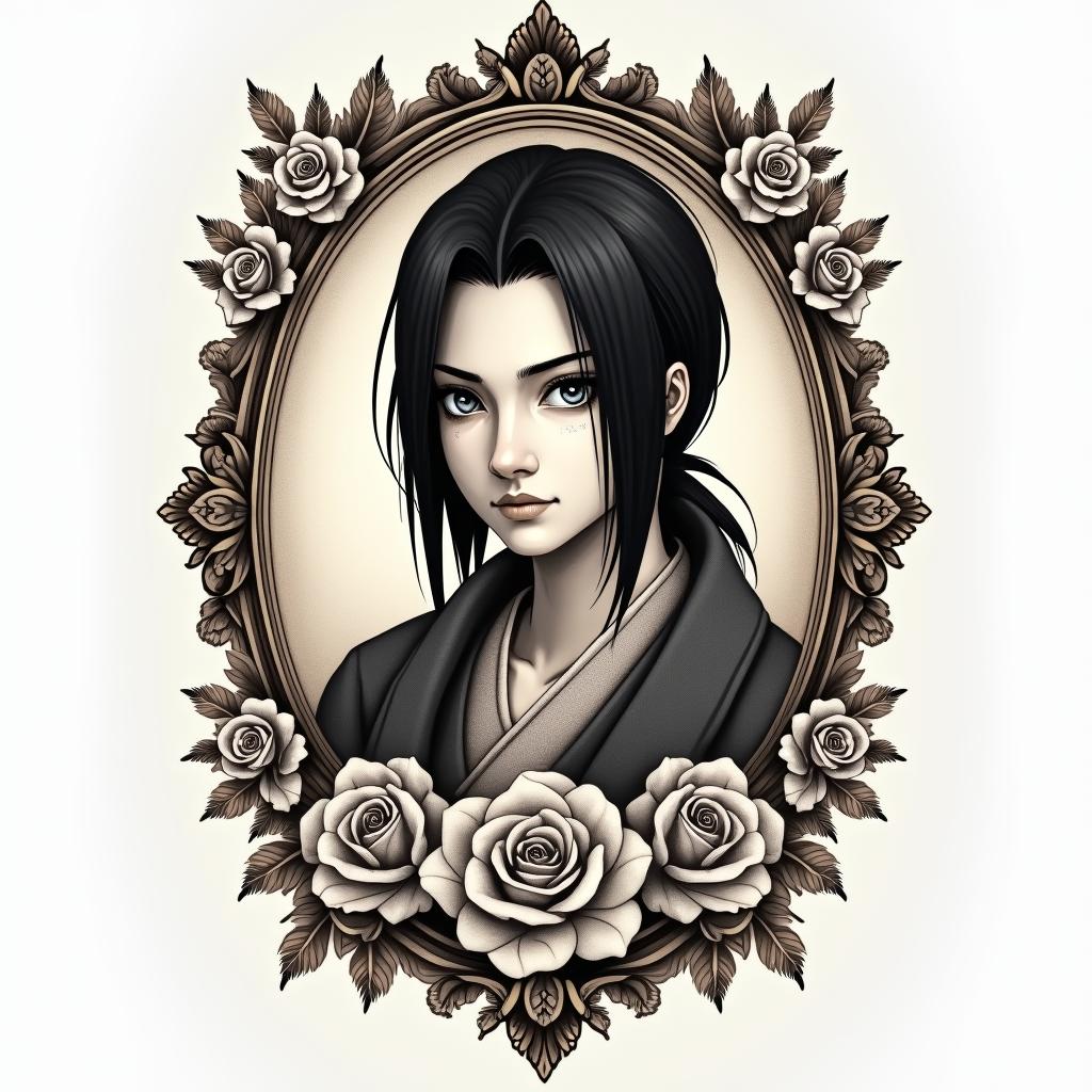 Itachi Uchihain victorian style tattoo, featuring vintage and elegant elements, ornate frames, roses, antique, sepia-toned color scheme - Variation 4