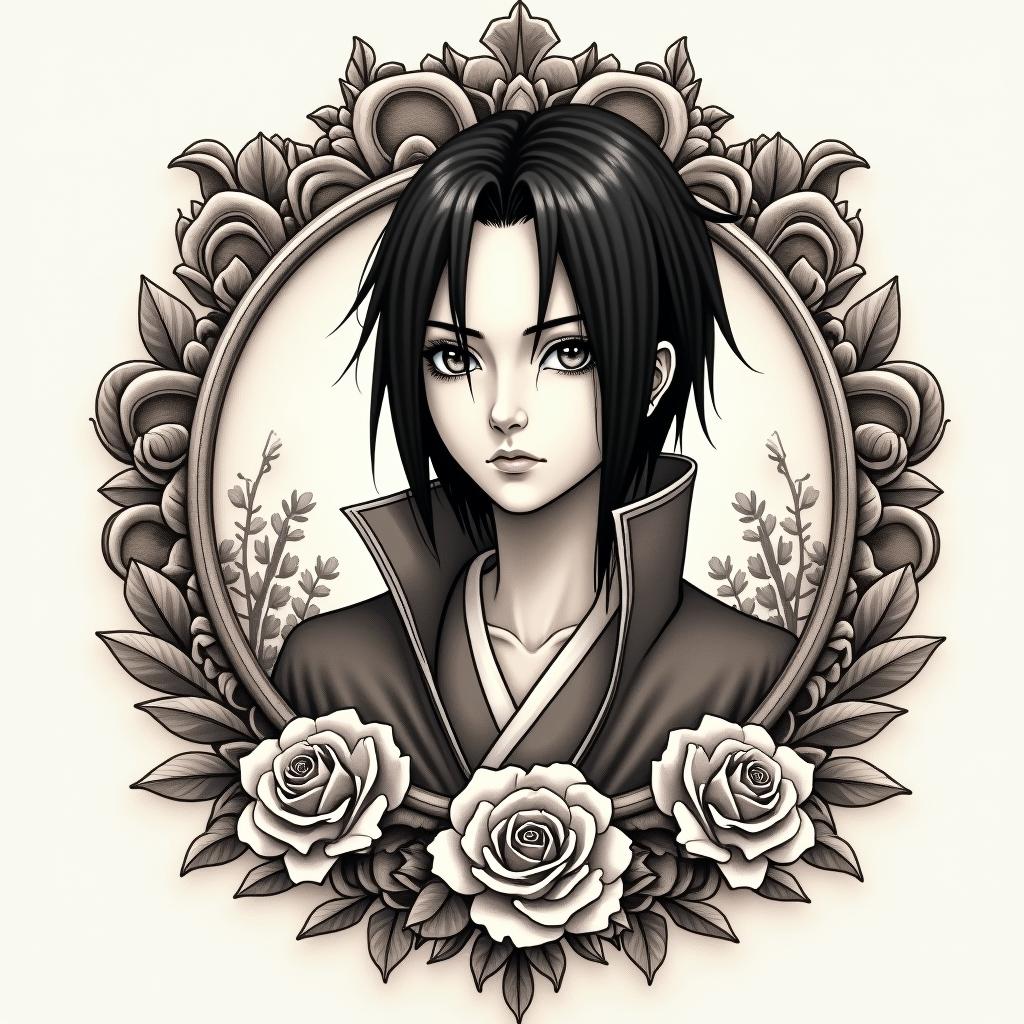 Itachi Uchihain victorian style tattoo, featuring vintage and elegant elements, ornate frames, roses, antique, sepia-toned color scheme - Variation 3