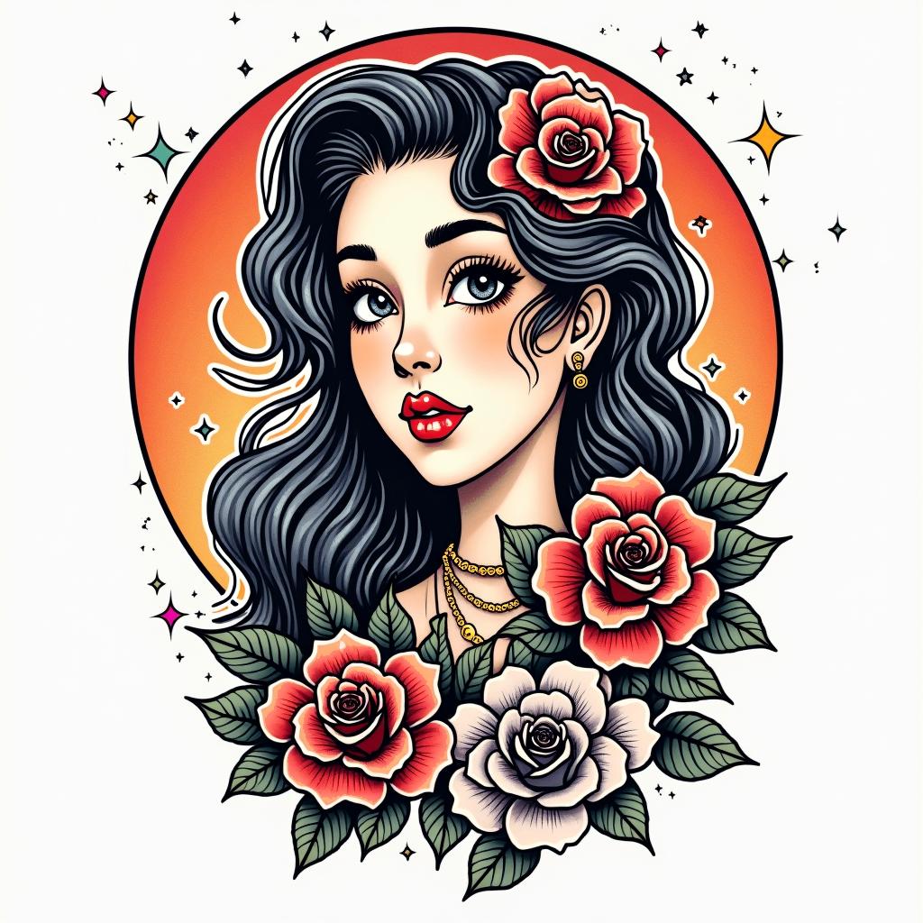 Leslie, Pisces, Saskatoonin pop art style tattoo, featuring bold and vibrant colors, exaggerated outlines, iconic imagery, inspired by comic books and speech bubbles, comic book characters, retro pop culture