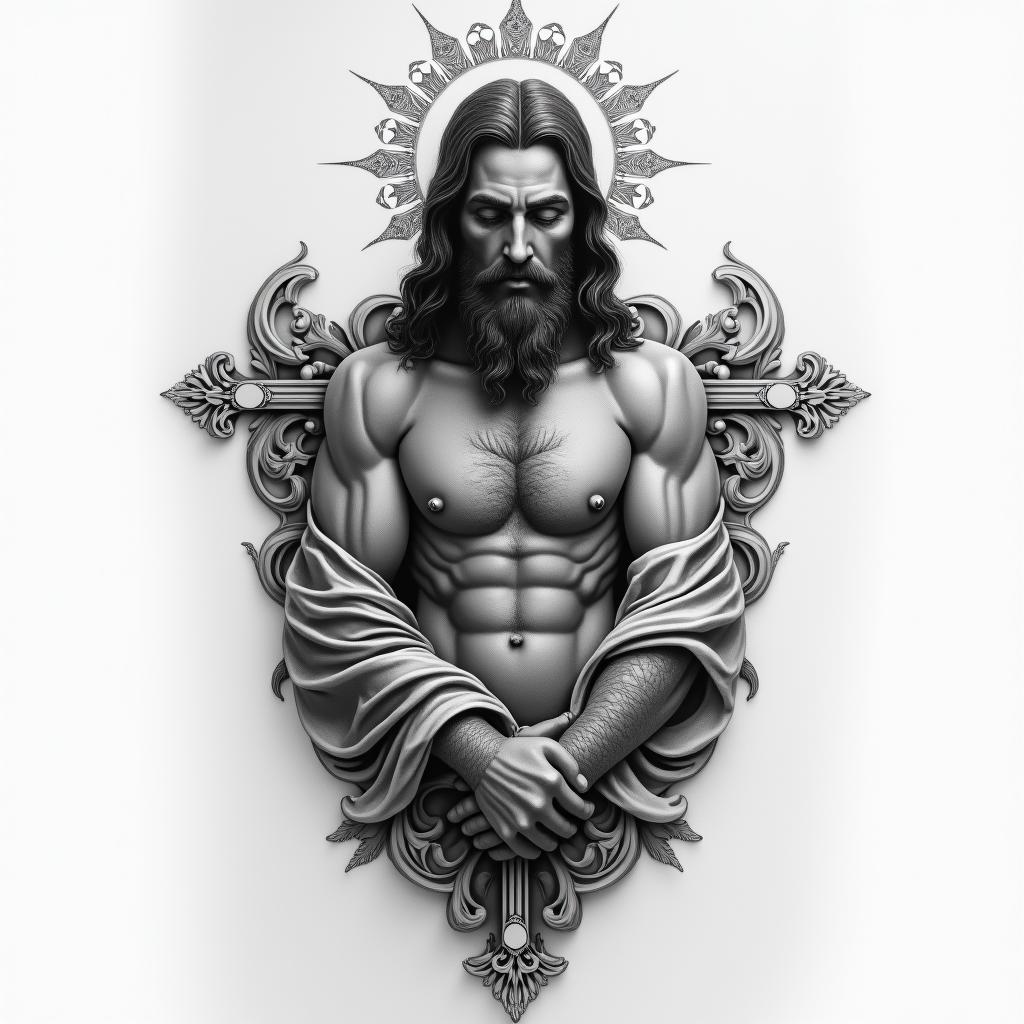 religiousin realism tattoo style, featuring a highly detailed, lifelike, capturing every detail, photorealistic, ultra realistic, intricate shading, smooth and sharp,   - Variation 4