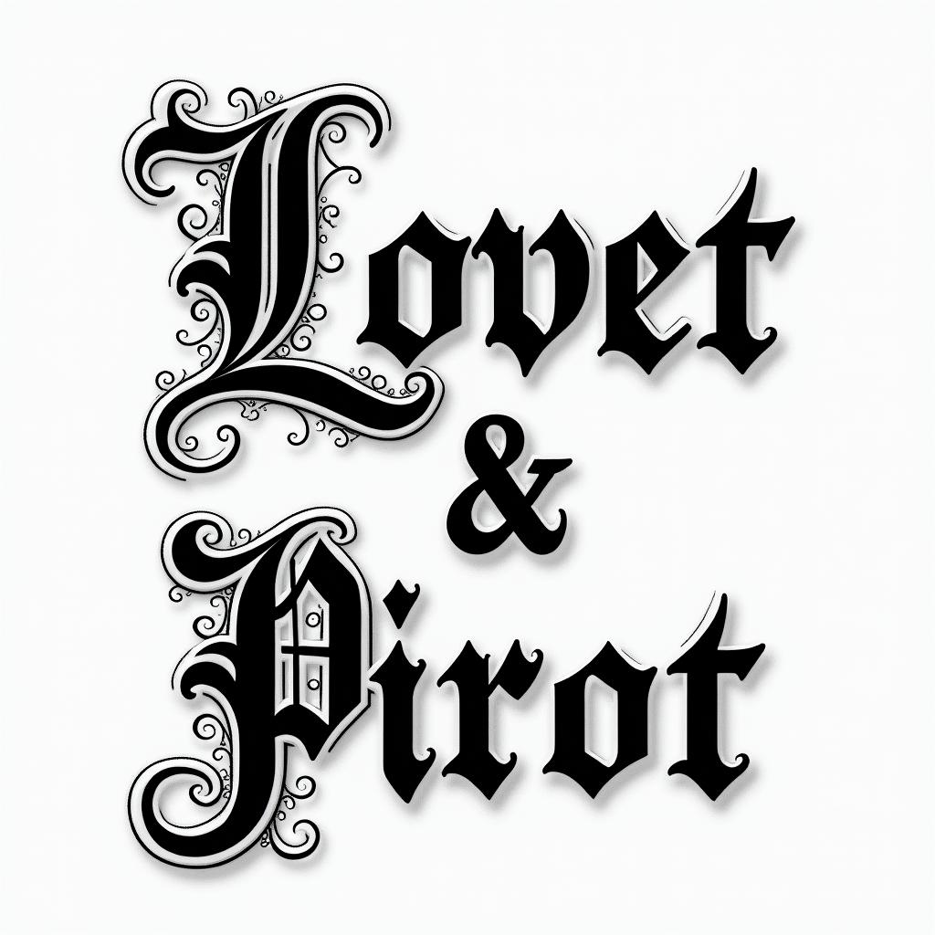 Louisette & Pierrottext-based tattoo, gothic font ultra-realistic, perfectly placed, high-quality font design, photo-realistic shading, 8k, high quality, finely detailed typography - Variation 2