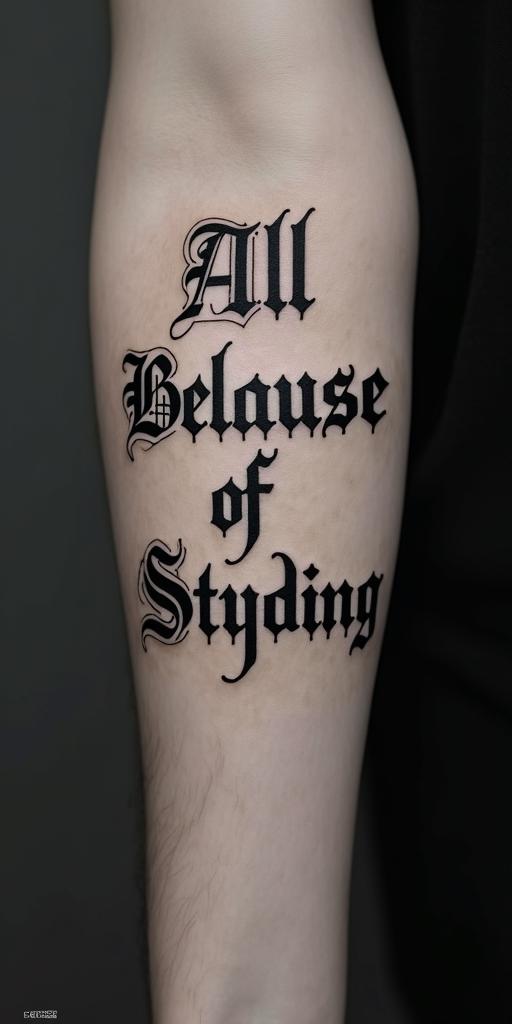 All Because of Not Studyingtext-based tattoo, gothic font ultra-realistic, perfectly placed, high-quality font design, photo-realistic shading, 8k, high quality, finely detailed typography - Variation 4