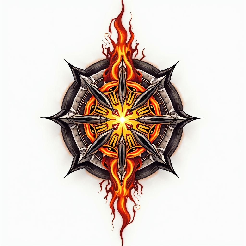Sacred geometry patterns for fillerin flame tattoo style showcasing fiery elements with dynamic flame patterns, glowing effect of flames, natural colors - Variation 2