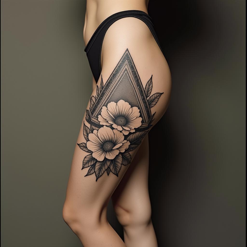 Simple triangle with a line throughin victorian style tattoo, featuring vintage and elegant elements, ornate frames, roses, antique, sepia-toned color scheme